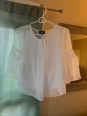 By & By- White Lace Bell Sleeve Tie-Front Blouse